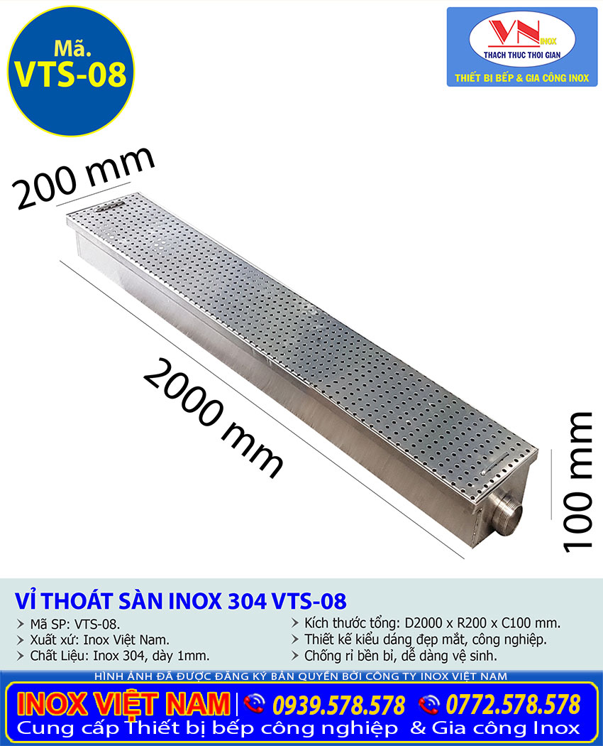vi thoat san inox VTS 08 2 - Vỉ Thoát Nước Cống Rảnh Inox 304 VTS-08