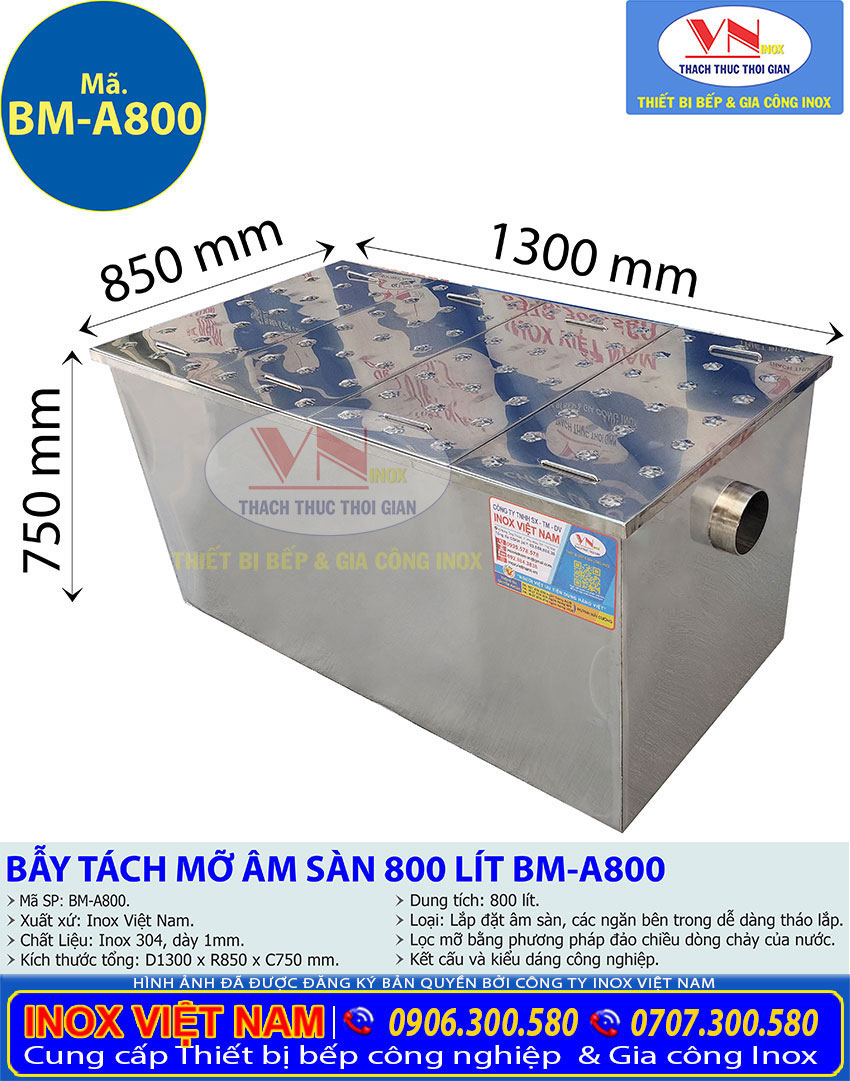 Bay tach mo inox BM A800 3 - Bể Tách Mỡ Âm Sàn 800L BM-A800